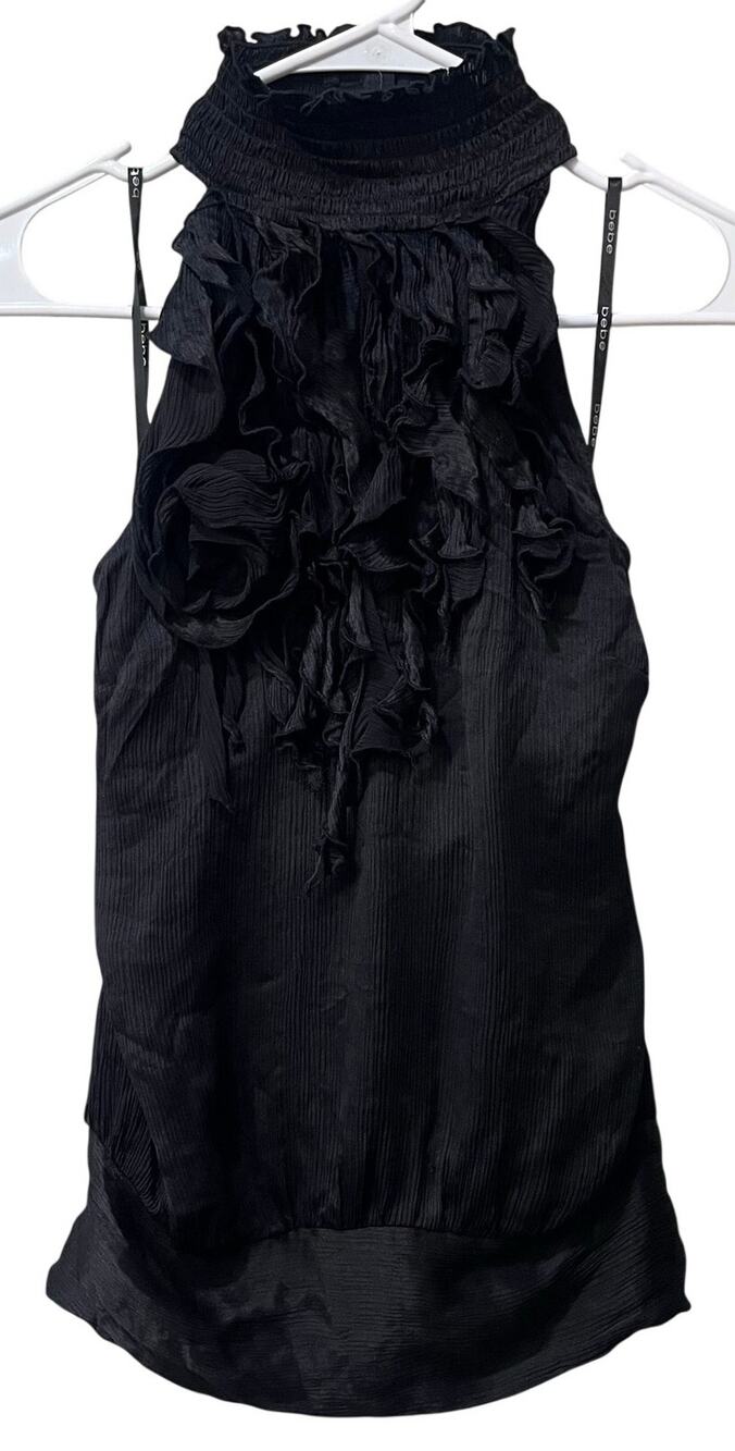 Bebe Black Silk Ruffle Halter Top Sleeveless Blouse Y2K Small